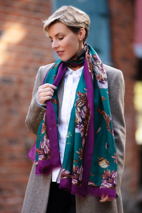 Wool/Silk Wrap Grouse Misconduct Scarf Teal & Aubergine