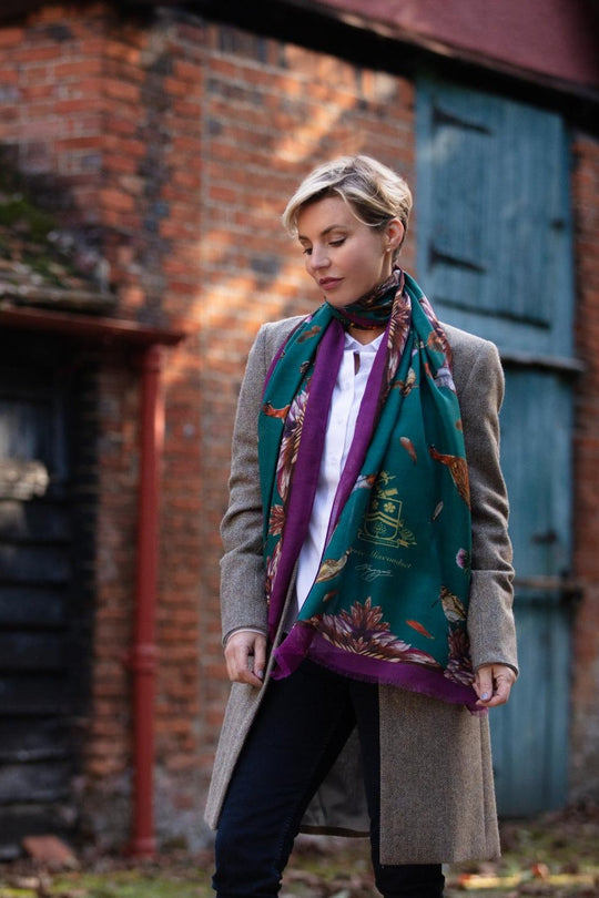 Wool/Silk Wrap Grouse Misconduct Scarf Teal & Aubergine