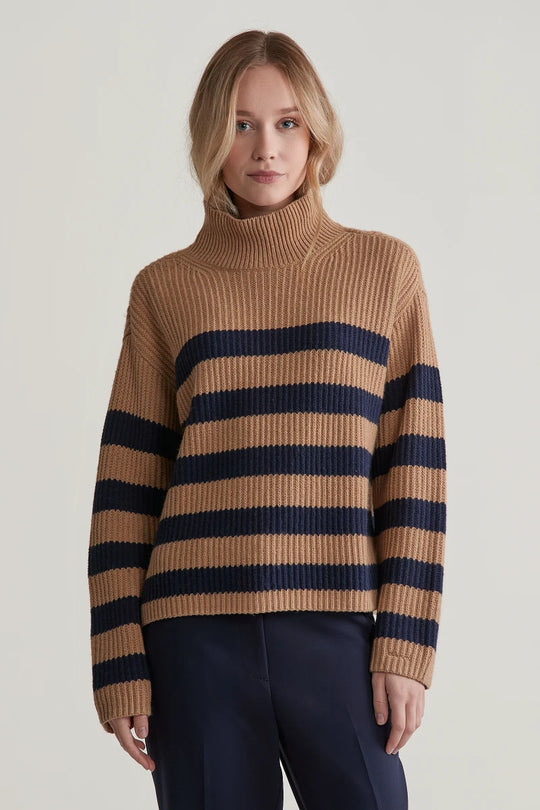 Breton Stand Collar Jumper, Caramel Beige