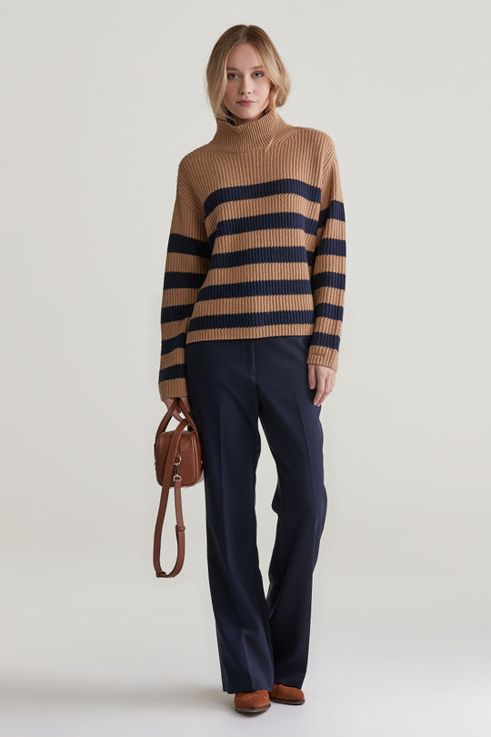 Breton Stand Collar Jumper, Caramel Beige