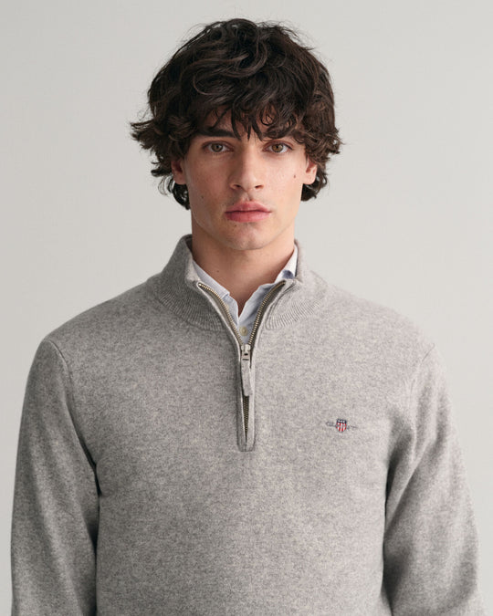 Superfine Lambswool Half-Zip Sweater, Grey Melange