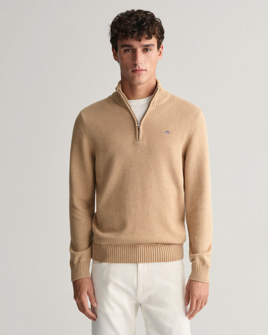 Casual Cotton Half-Zip Sweater, Khaki Melange