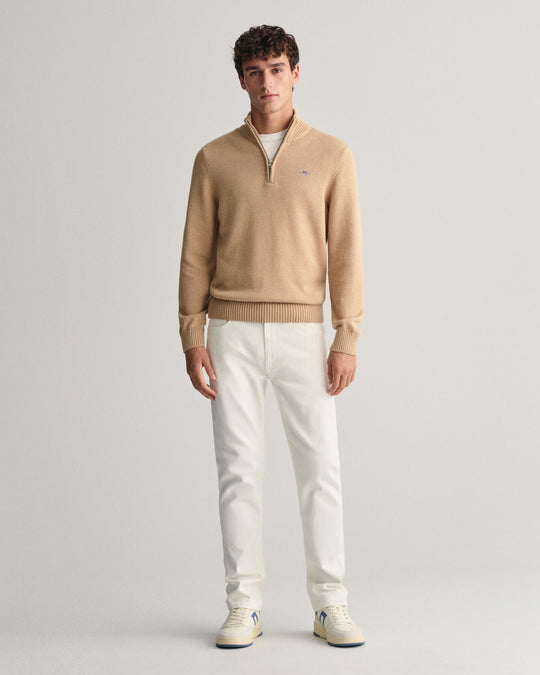 Casual Cotton Half-Zip Sweater, Khaki Melange