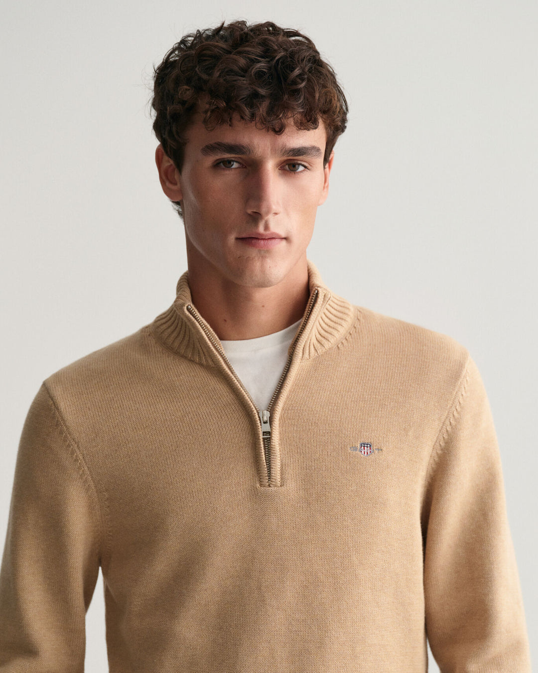 Casual Cotton Half-Zip Sweater, Khaki Melange