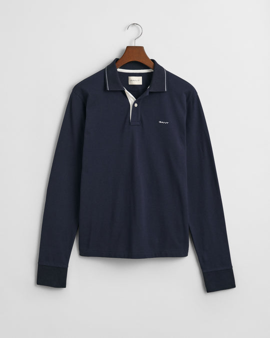 Textured Collar Long Sleeve Polo Shirt, Evening Blue