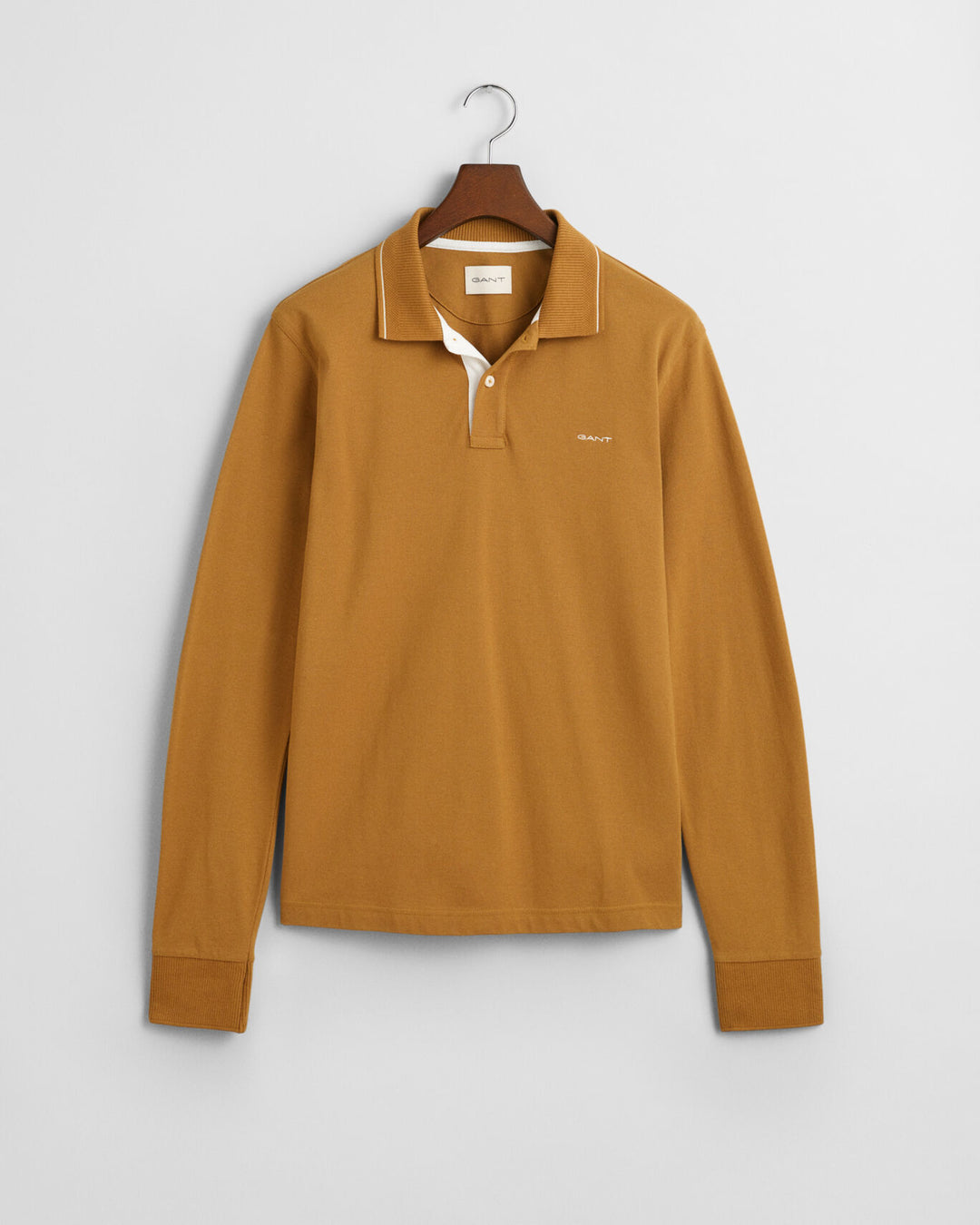 Textured Collar Long Sleeve Polo Shirt, Cumin Beige