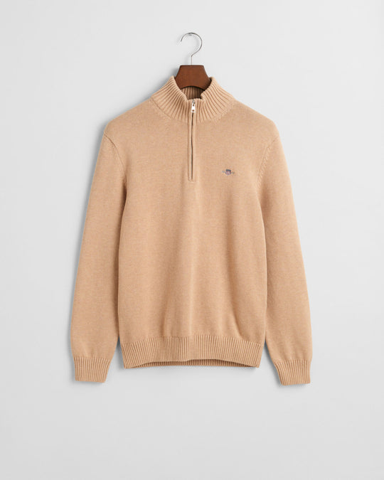 Casual Cotton Half-Zip Sweater, Khaki Melange