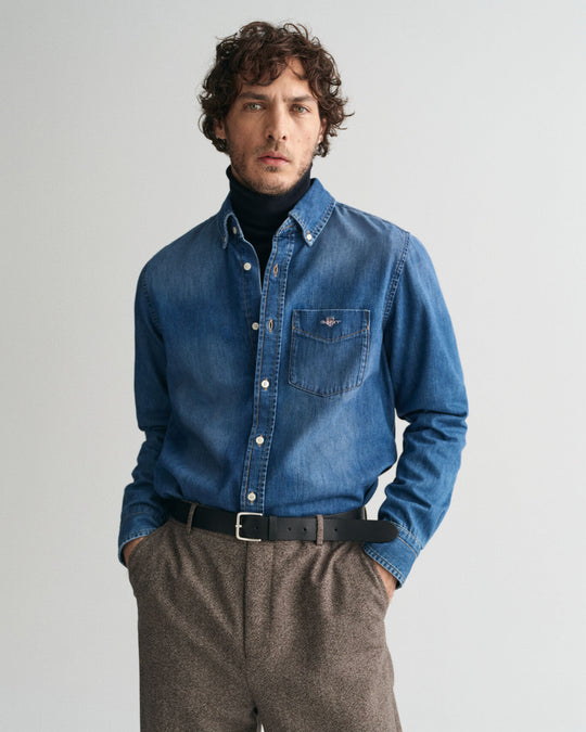 Regular Fit Denim Shirt, Mid Blue Worn In