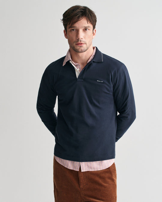 Textured Collar Long Sleeve Polo Shirt, Evening Blue