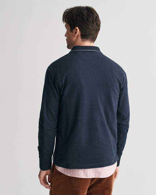 Textured Collar Long Sleeve Polo Shirt, Evening Blue