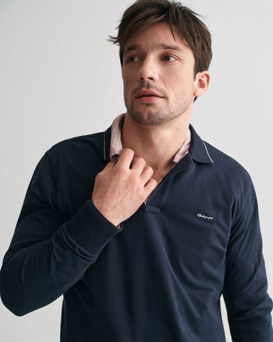 Textured Collar Long Sleeve Polo Shirt, Evening Blue