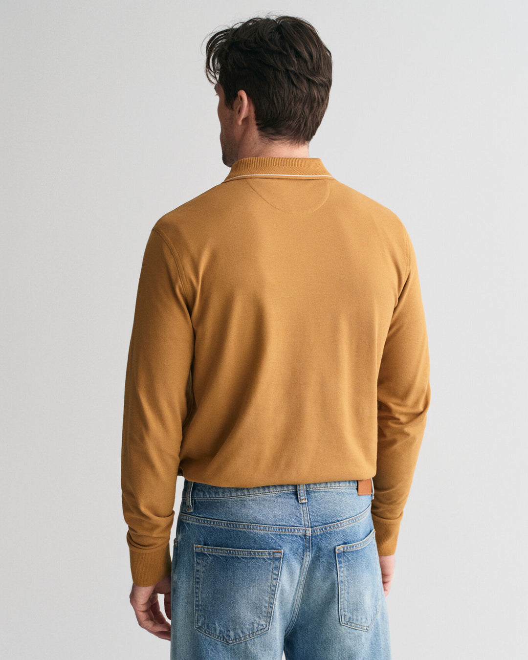 Textured Collar Long Sleeve Polo Shirt, Cumin Beige