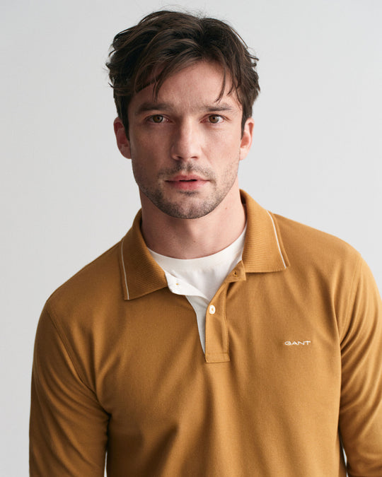 Textured Collar Long Sleeve Polo Shirt, Cumin Beige