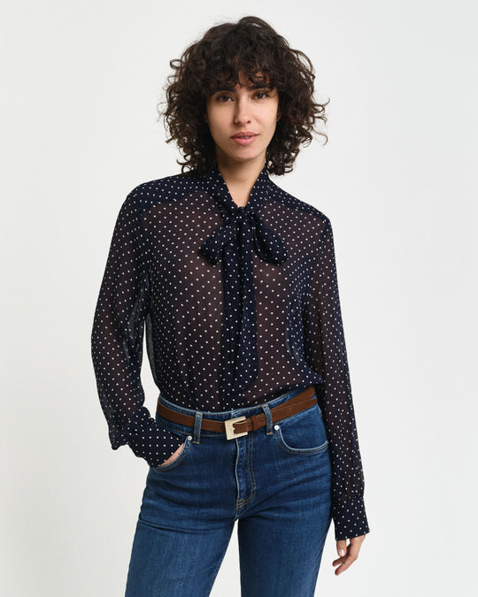 Dot Print Bow Blouse, Evening Blue