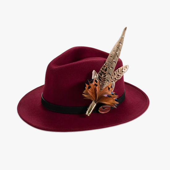 The classic countryside Fedora is a hand-crafted maroon Fedora made from 100% wool felt.