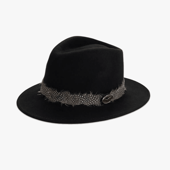 The classic countryside hand-crafted black Fedora made from 100% wool felt, with a beautiful band of Guinea Fowl feathers.