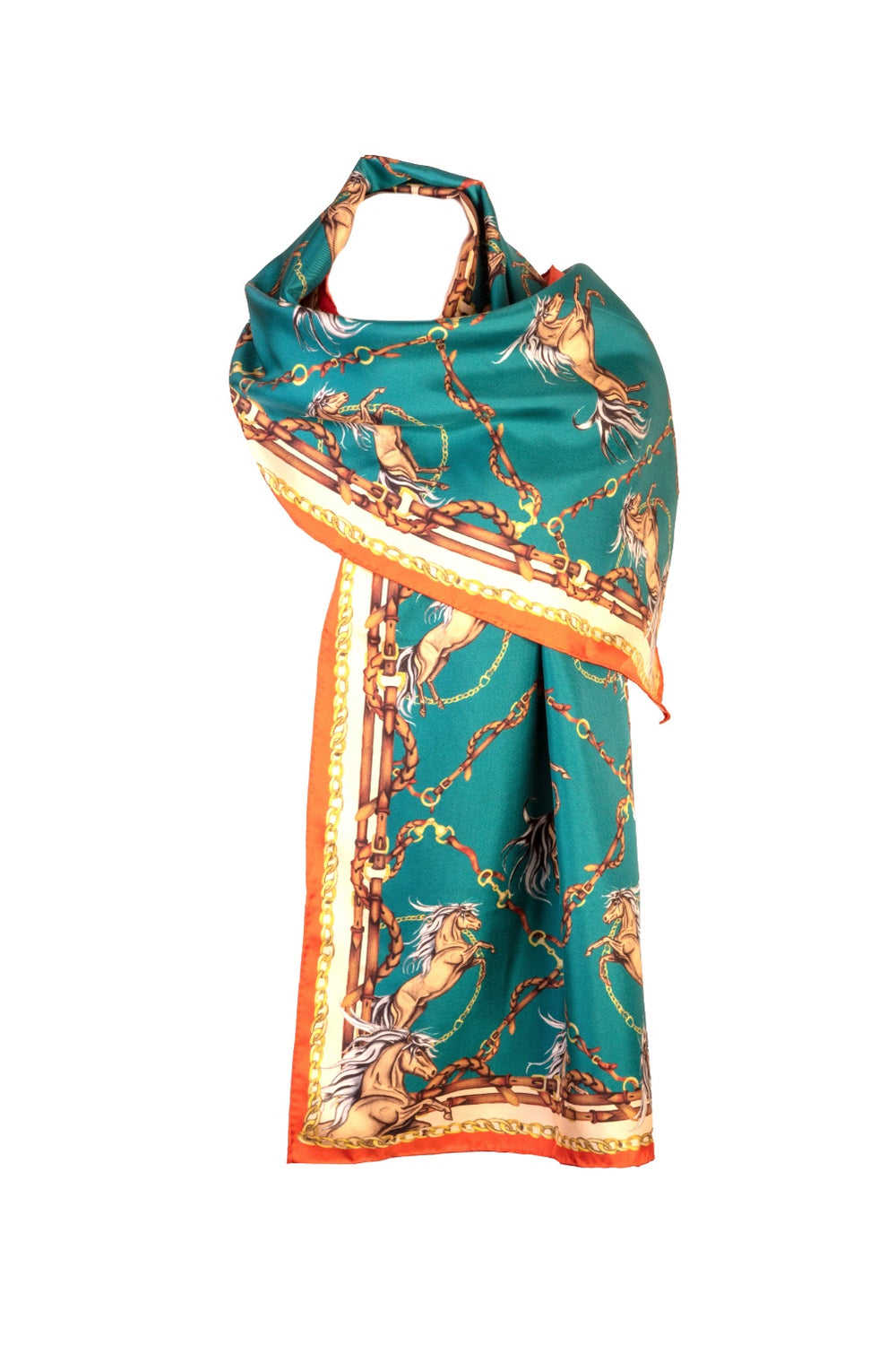 Classic Rearing To Go Silk Scarf Teal & Rust