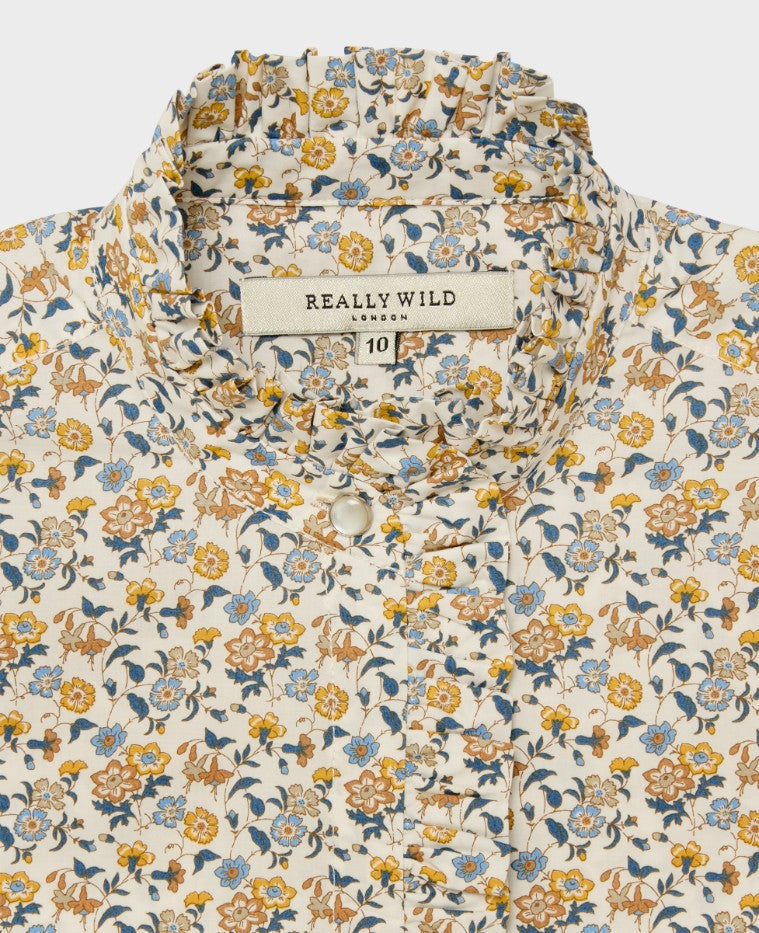 Deep Frill Cotton Blouse Blue Yellow Floral