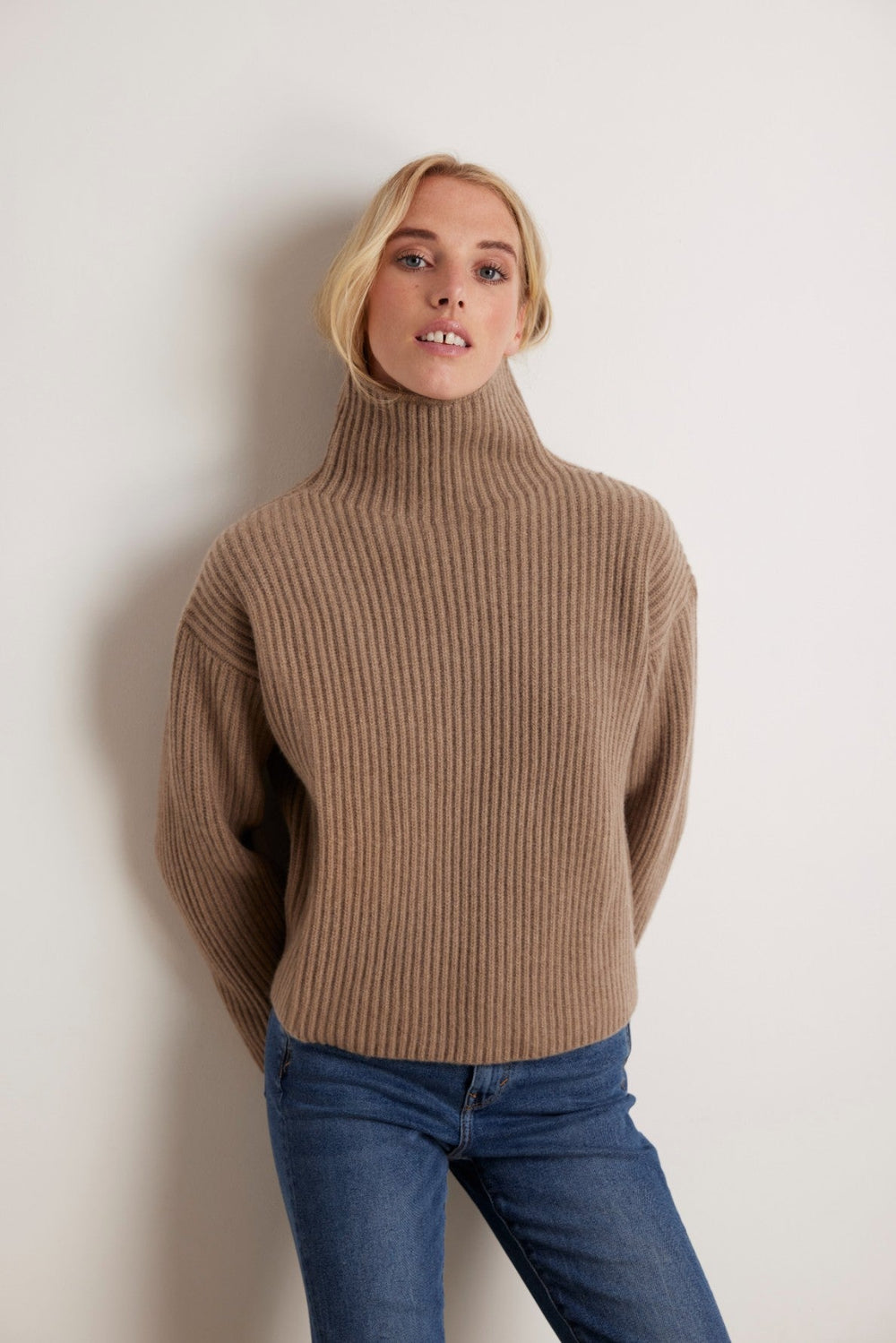 Cashmere Mix Ribbed High Neck Jumper Taupe