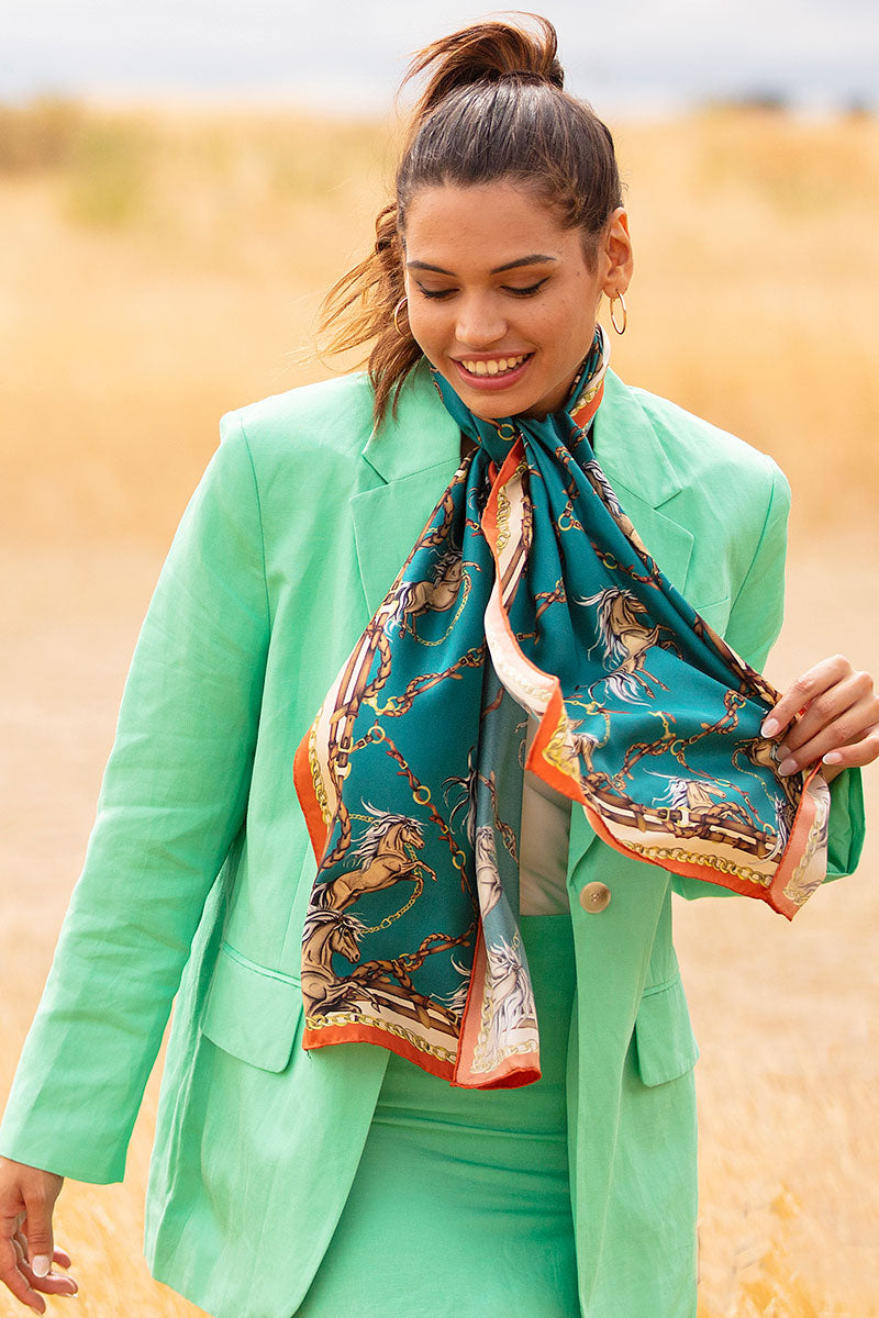 Classic Rearing To Go Silk Scarf Teal & Rust