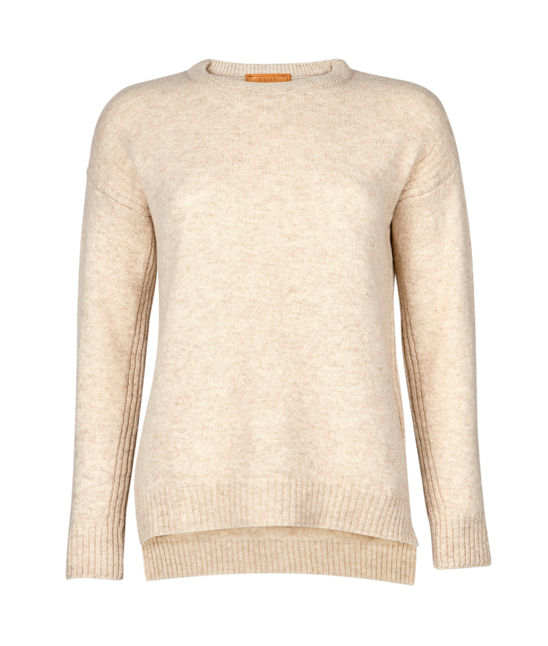 A luxuriously soft British-spun lambswool jumper has a relaxed fit, drop shoulder ribbed detail and features a mix of dyed and undyed yarn, bringing out a beautiful marled effect.