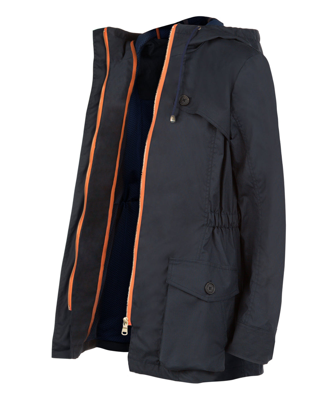 The 'pop' version of the TROY bestseller: This lightweight coat is made from 100% cotton milled in England with a dry wax finish. A black sports-luxe lining provides fully waterproof protection and brings an urban appeal to this casual but elegant coat with a cinched waist and drawstring hood. Featuring vibrant orange detailing, gold cord ends and gold engraved bar.
