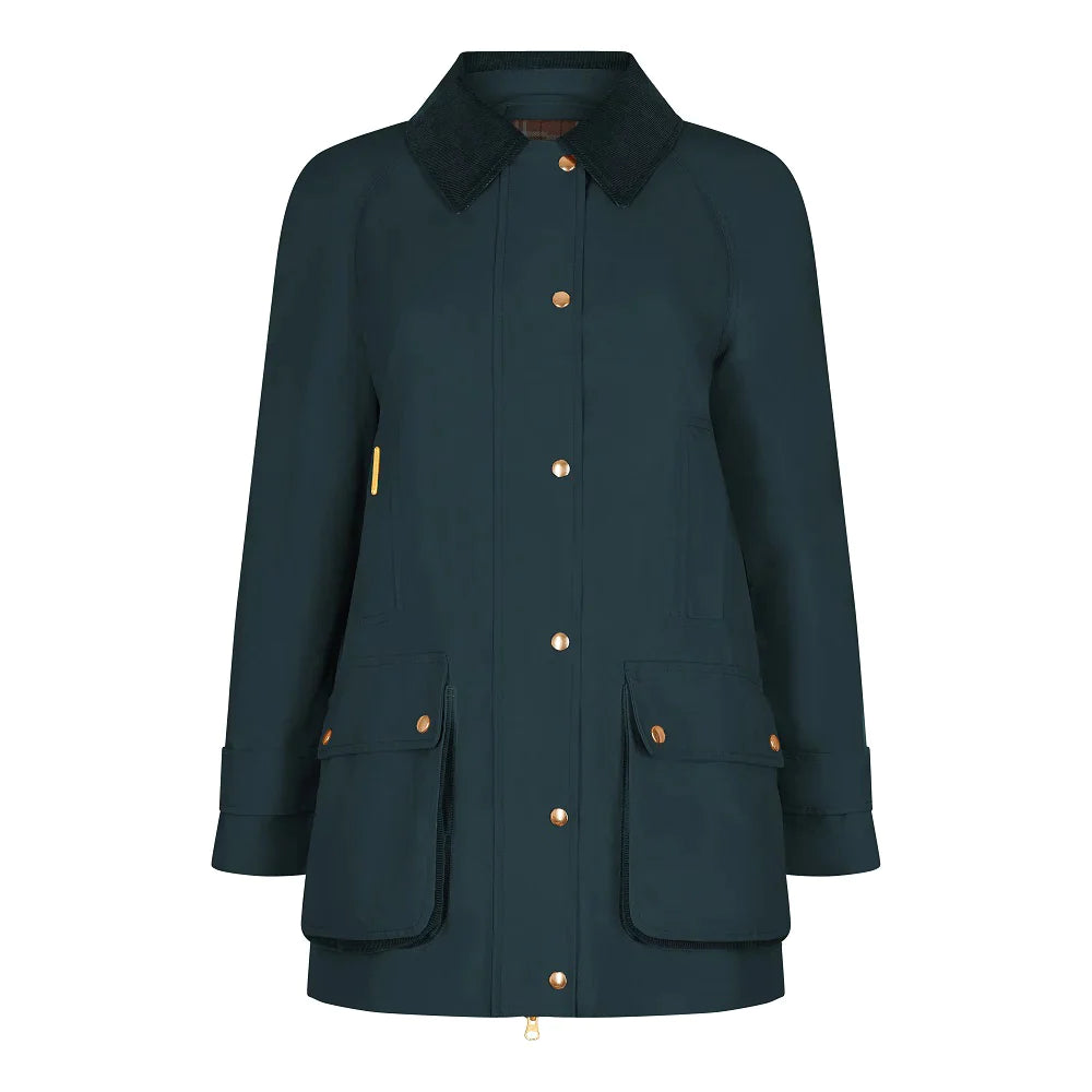 A smart light weight women's walking coat, inspired by strolls through Norfolk heathlands. Oversized swing shape with a structured cotton shell, contrast checked lining and a soft corduroy collar. Featuring large storage pockets, inside zip breast pocket and brushed gold finishes.