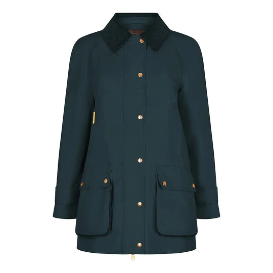 A smart light weight women's walking coat, inspired by strolls through Norfolk heathlands. Oversized swing shape with a structured cotton shell, contrast checked lining and a soft corduroy collar. Featuring large storage pockets, inside zip breast pocket and brushed gold finishes.