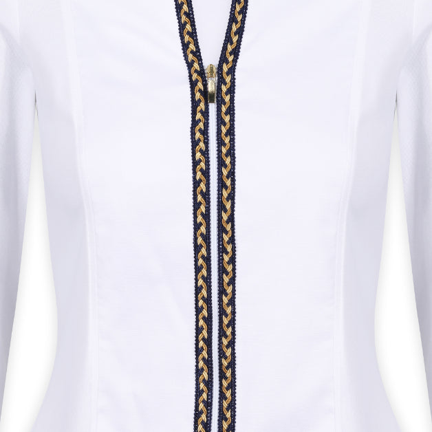 The newest addition to our beloved Phoebe Shirt range. A soft white shirt which keeps you looking smart whilst not forgoing on comfort. The structured front shapes the shirt beautifully and the cotton stretch on the back and sides ensures ultimate comfort. This women's shirt has a zip fastening on the front for a modern twist. A midnight blue and contrast gold plait feature.